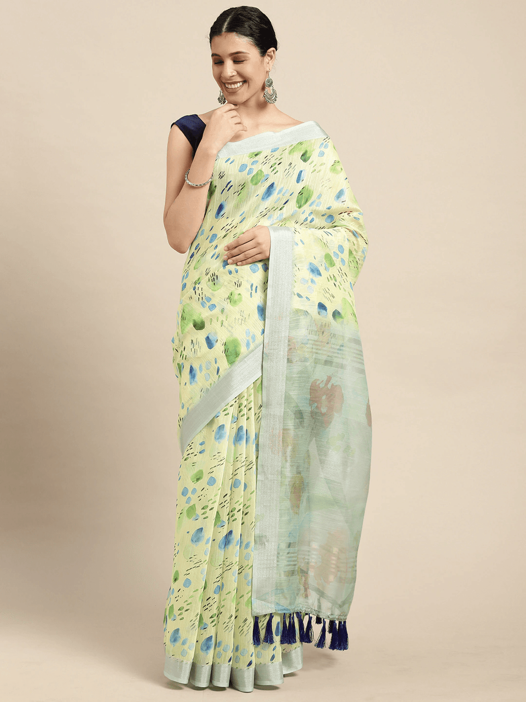 Beautiful Digital Flower Print Design Soft Linen Saree
