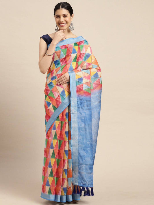 Beautiful Multi Colour Digital Print Soft Linen Saree