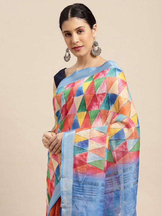 Beautiful Multi Colour Digital Print Soft Linen Saree