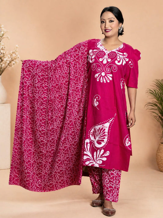 Elegant Batik Print Pure Cotton Kurta Set Pink